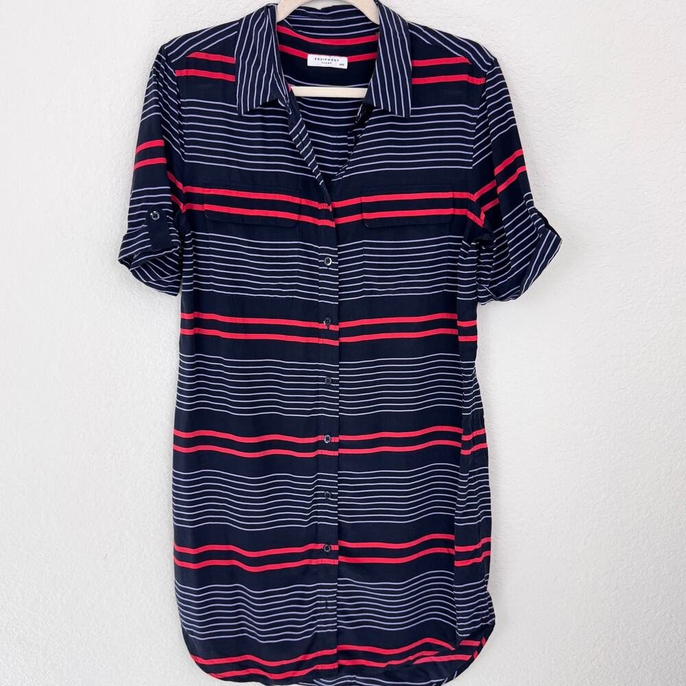Equipment Womens Mini Shirt Dress Size M 100% Silk Stripe Button Flowy Blue